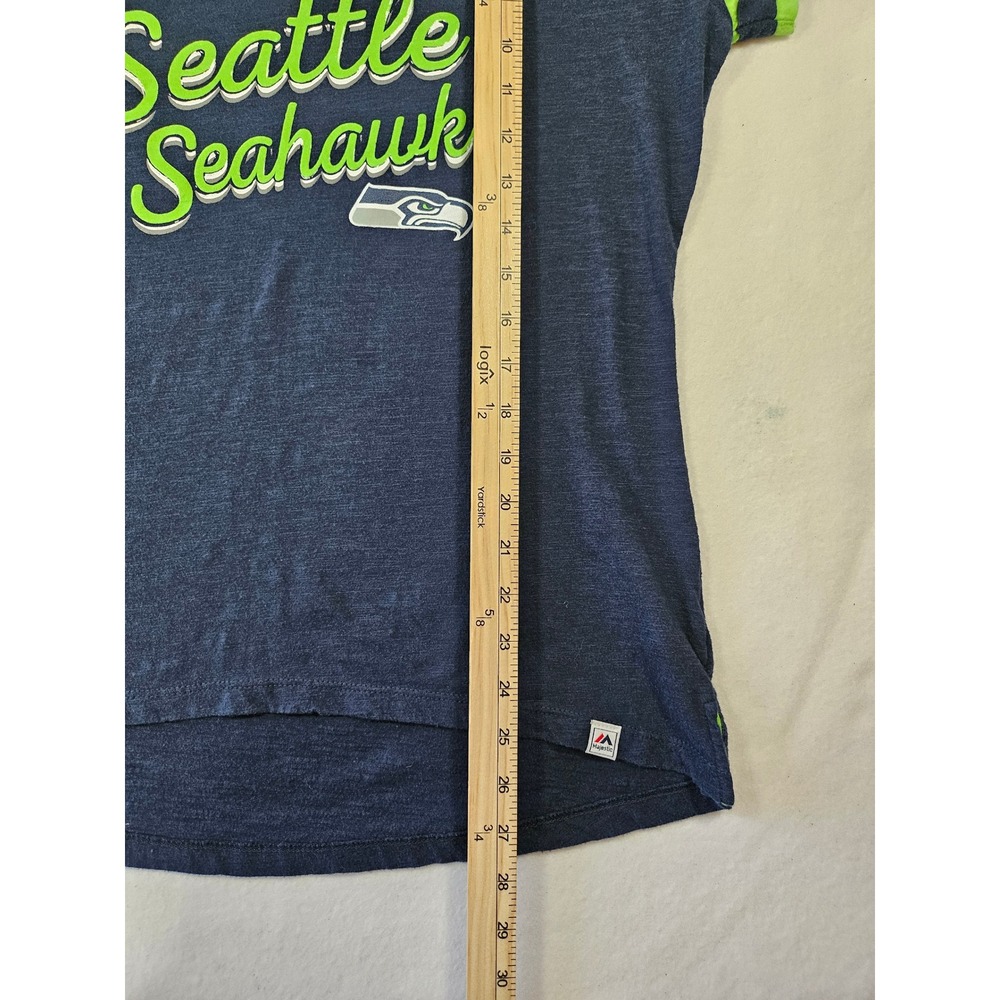 Majestic Seattle Seahawks Women's V-Neck Tee‎ Navy Blue Neon Green Logo Size Lg - Picture 8 of 9